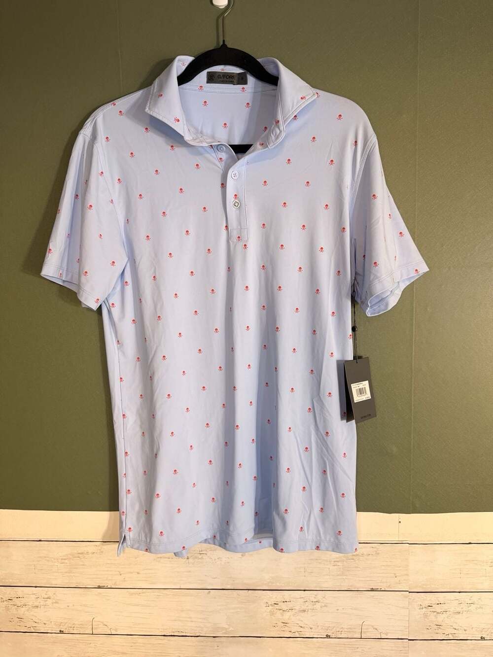 G/FORE Mens Skull & T's Performance Golf Polo Shirt Sky Blue Red G4M NEW